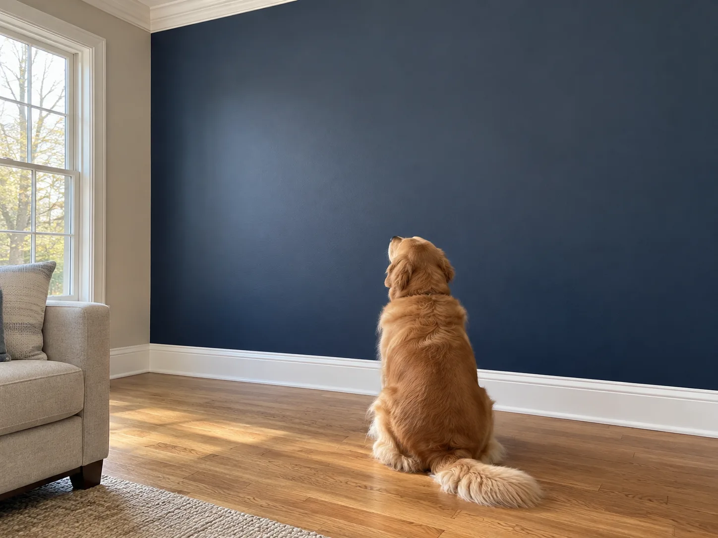 Golden retriever sitting in front of a navy painted wall, as if inspecting the finish.